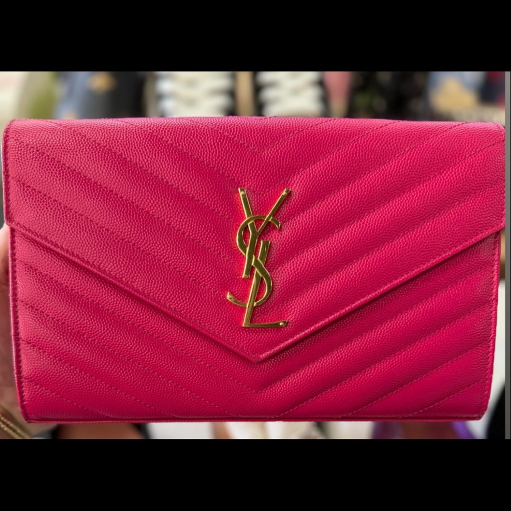 Saint Laurent Pink Chevron Quilted Leather Crossbody Clutch with Gold YSL